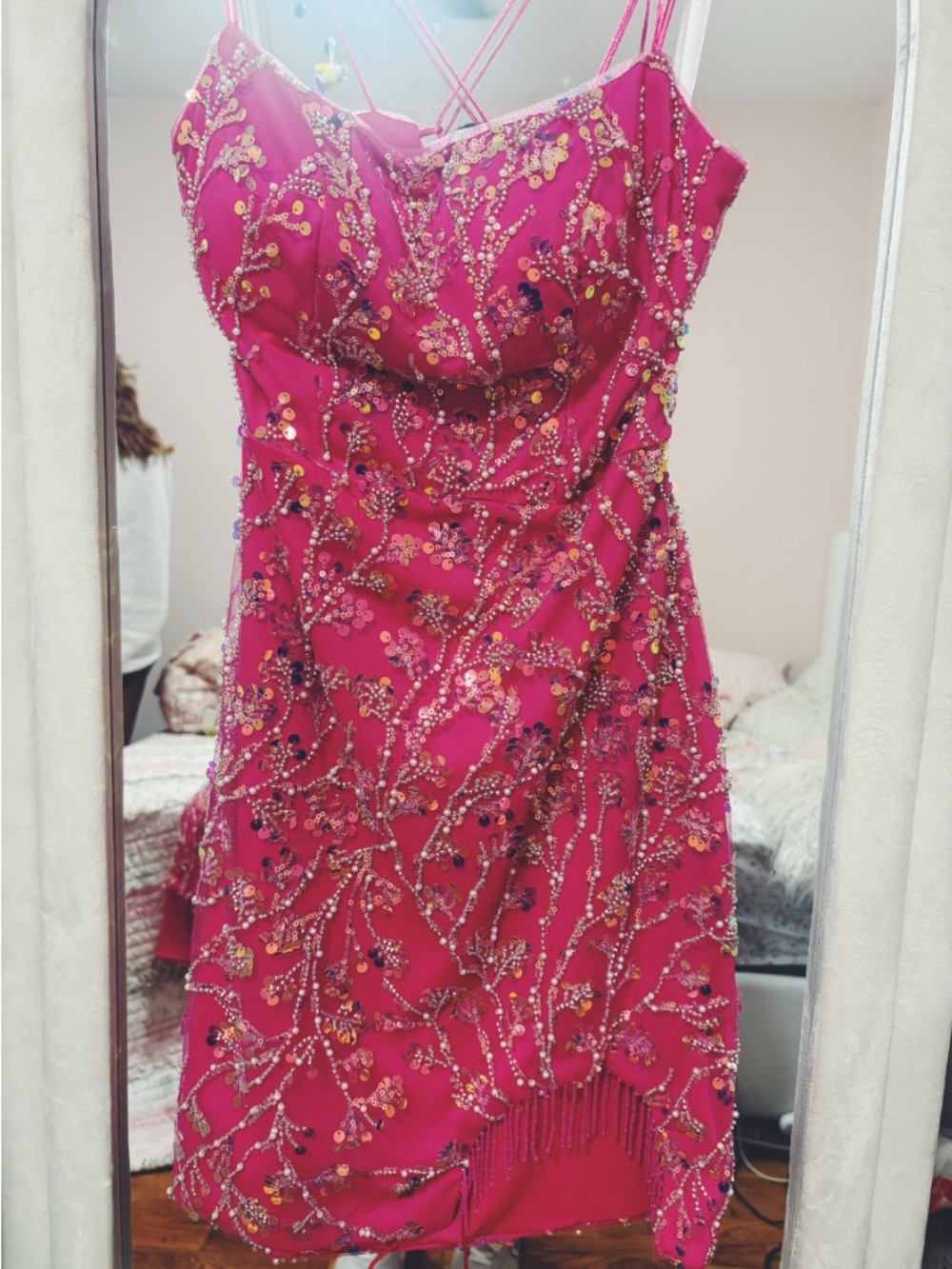 Zapaka Mulheres Embellished Hot Pink Spaghetti-Strap Dress